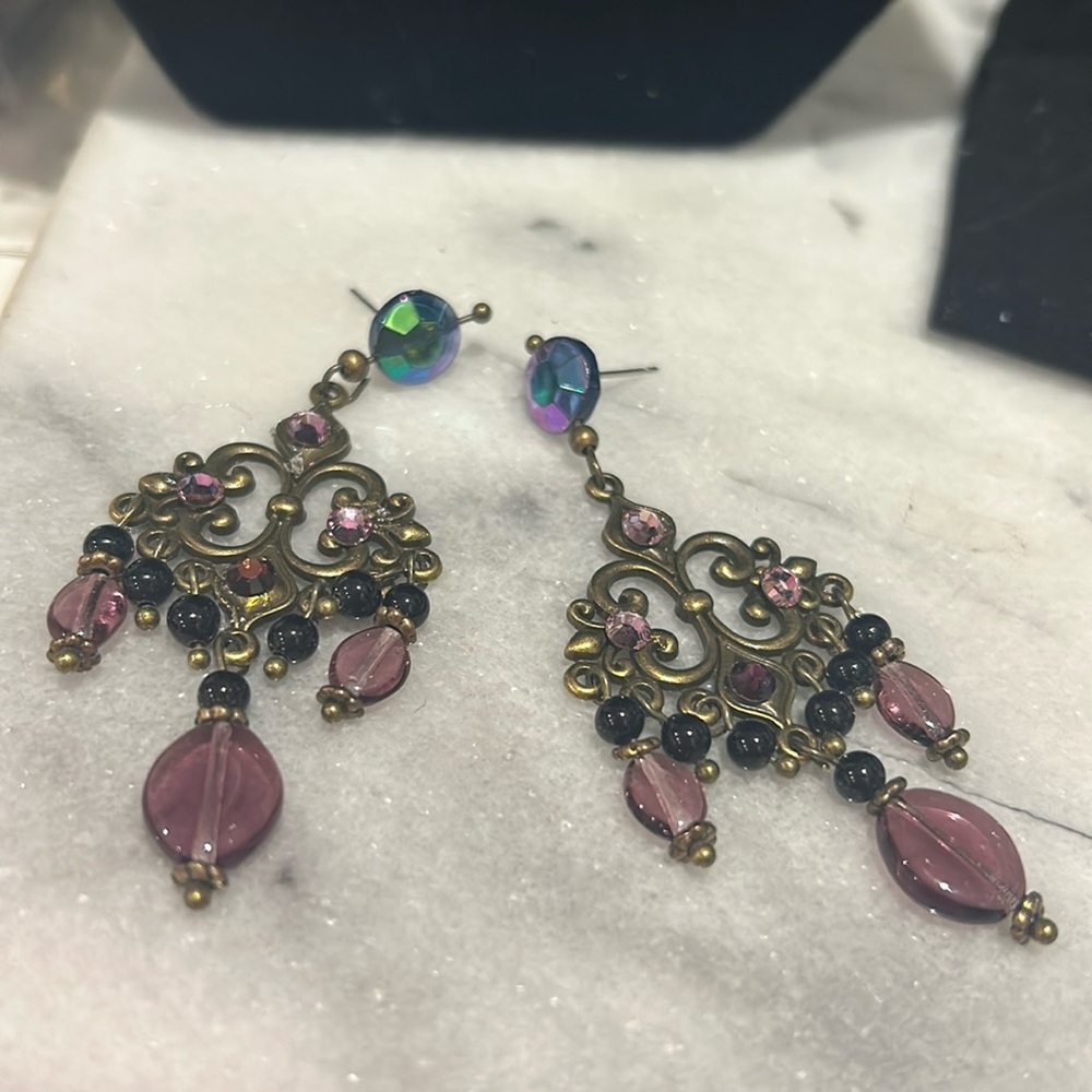Amethyst and Black Bead Heirloom Vintage Vibes Earrings-Boutique